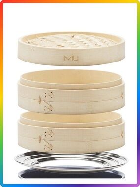 MIU Bamboo Steamer Basket 10 Inch 2 Tier Set Stainless Adapter